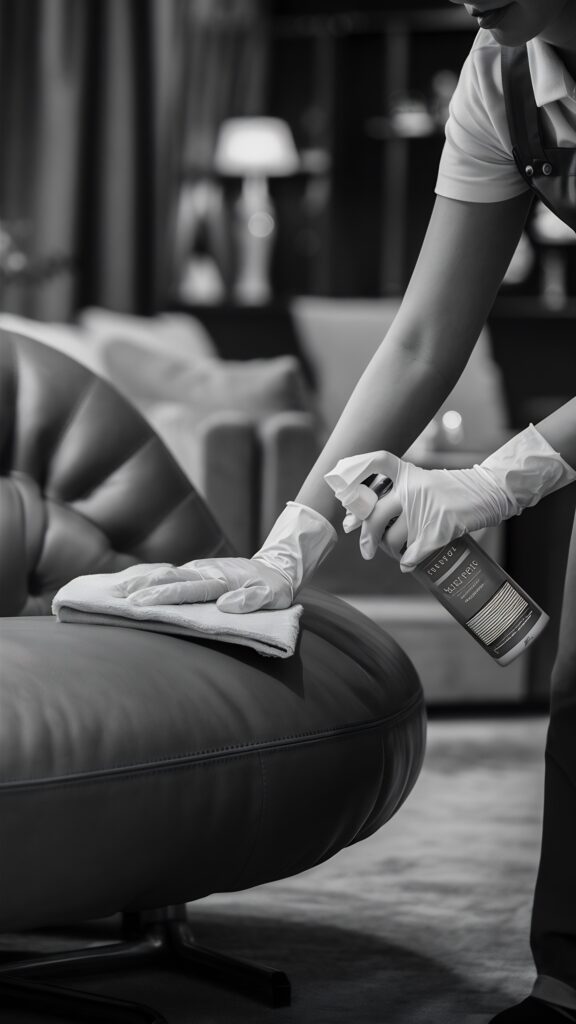 mid section unrecognizable housekeeper wiping leather sofa with leather polish spray